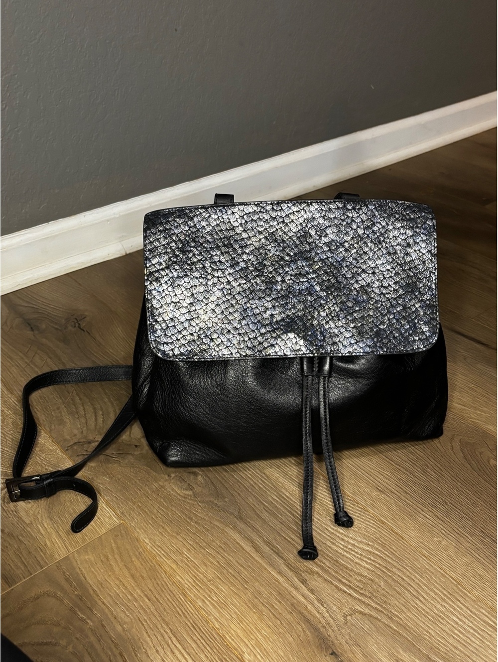 Pietro Black Leather Backpack with Metallic Snake-Print Flap